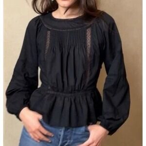 BANANA REPUBLIC  Black Nellie Cotton Blouse Top Pintuck Peplum Long Slv Small